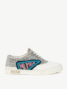 Miu Miu Silver Glitter Beaded Low-Top Lace-Up Sneakers